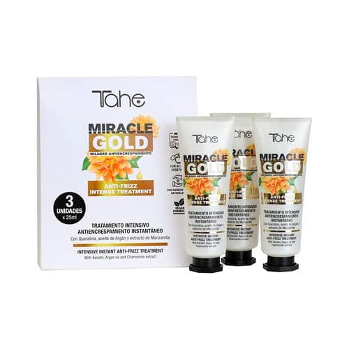 Tahe Miracle Gold tratamiento concentrado anti-frizz para cabellos rebeldes 3 ampollas de 25 ml.