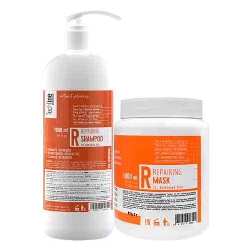 Techline Champú y Mascarilla Total Repair para cabellos teñidos y dañados de 1.000 ml