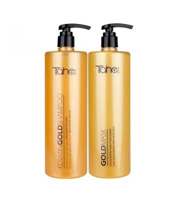 Tahe Botanic Shampoo y Mascarilla Gold para cabellos teñidos y mixtos de 1000 ml.