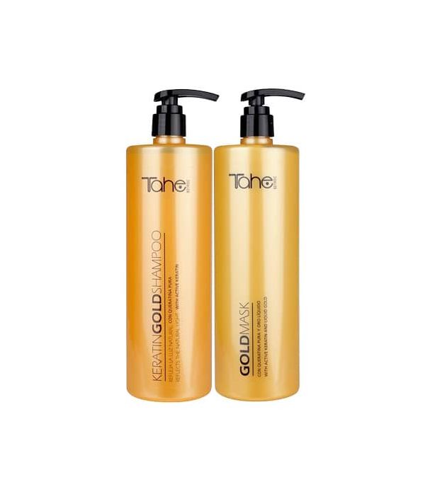 Tahe Botanic Shampoo y Mascarilla Gold para cabellos teñidos y mixtos de 1000 ml.